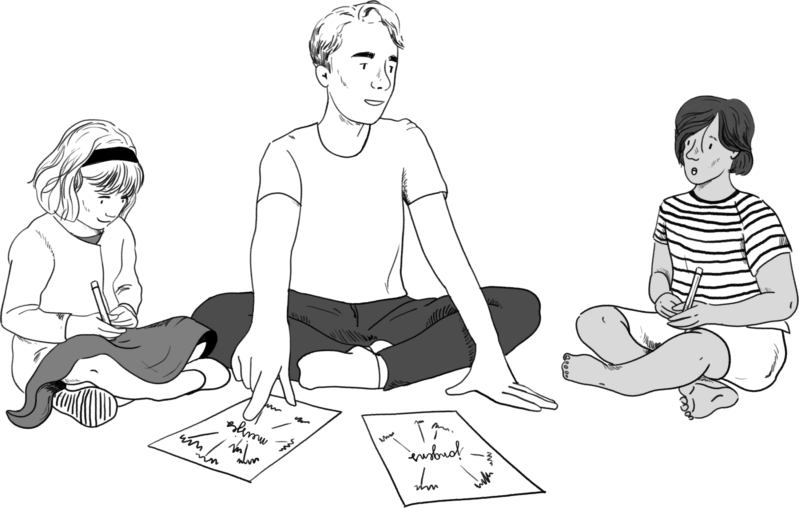 Illustratie: Senne zit samen met twee kinderen op de grond. Ze praten over wathet betekent omeenmeisje of een jongen te zijn