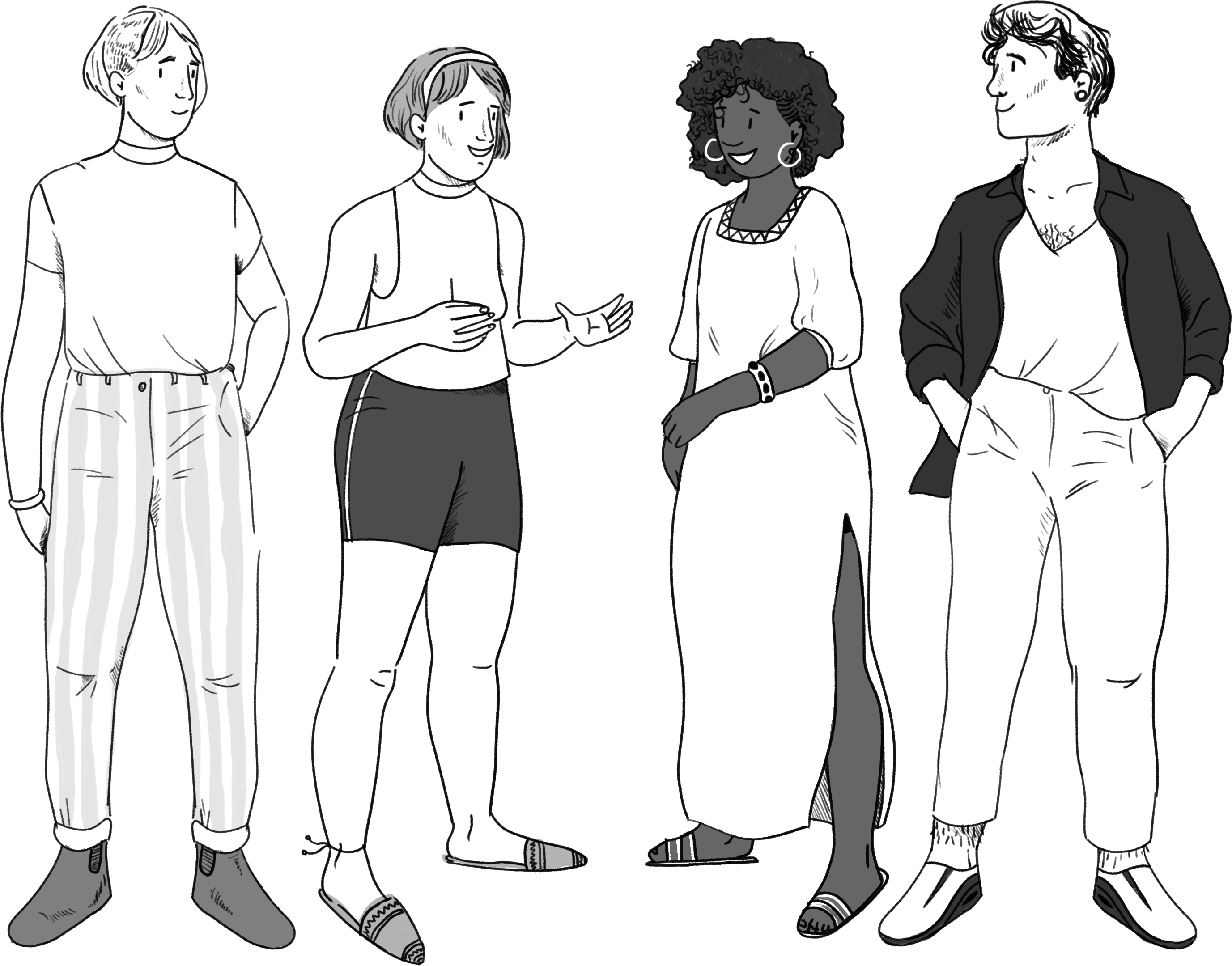 Illustratie: vier jongeren staan naast elkaar. Ze gaan met elkaar in dialoog en delen hun mening.