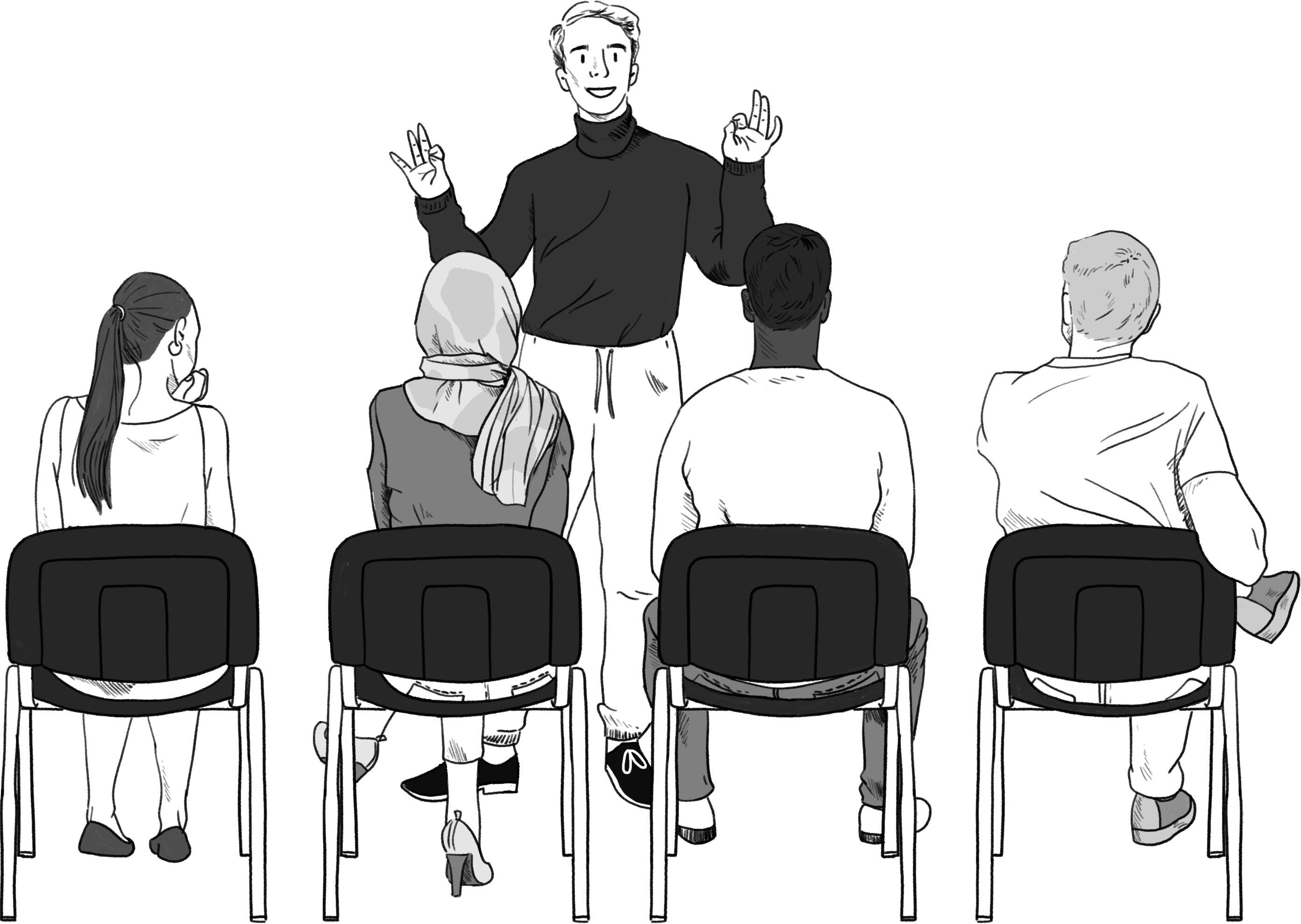 Illustratie:Senne staat vooraan een groep. De groep zit op stoelen naast elkaar. Senne geeft een uitlegover gender en seksuele diversiteit. 