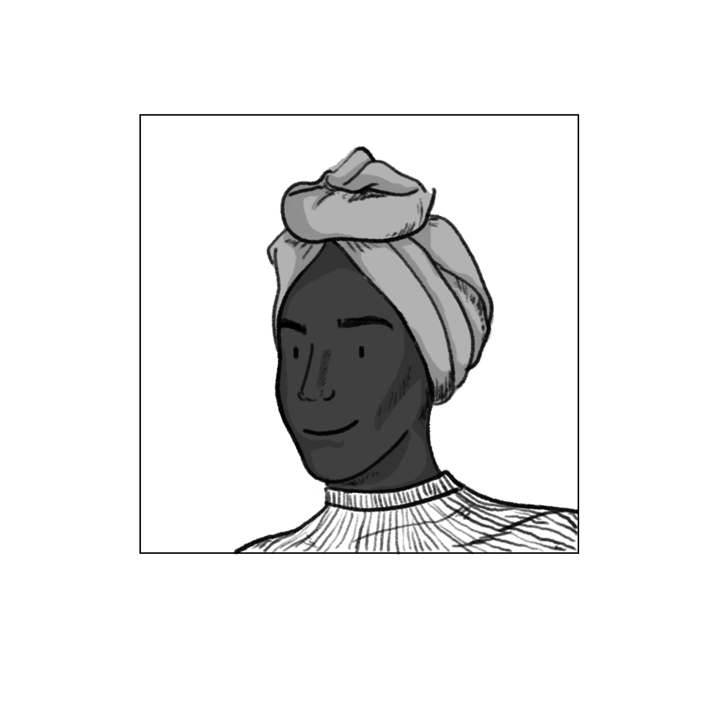 Illustratie:Portret van Stephanie. Ze is een zwarte vrouw enheeft eengrijze hoofddoek rond haar hoofd.