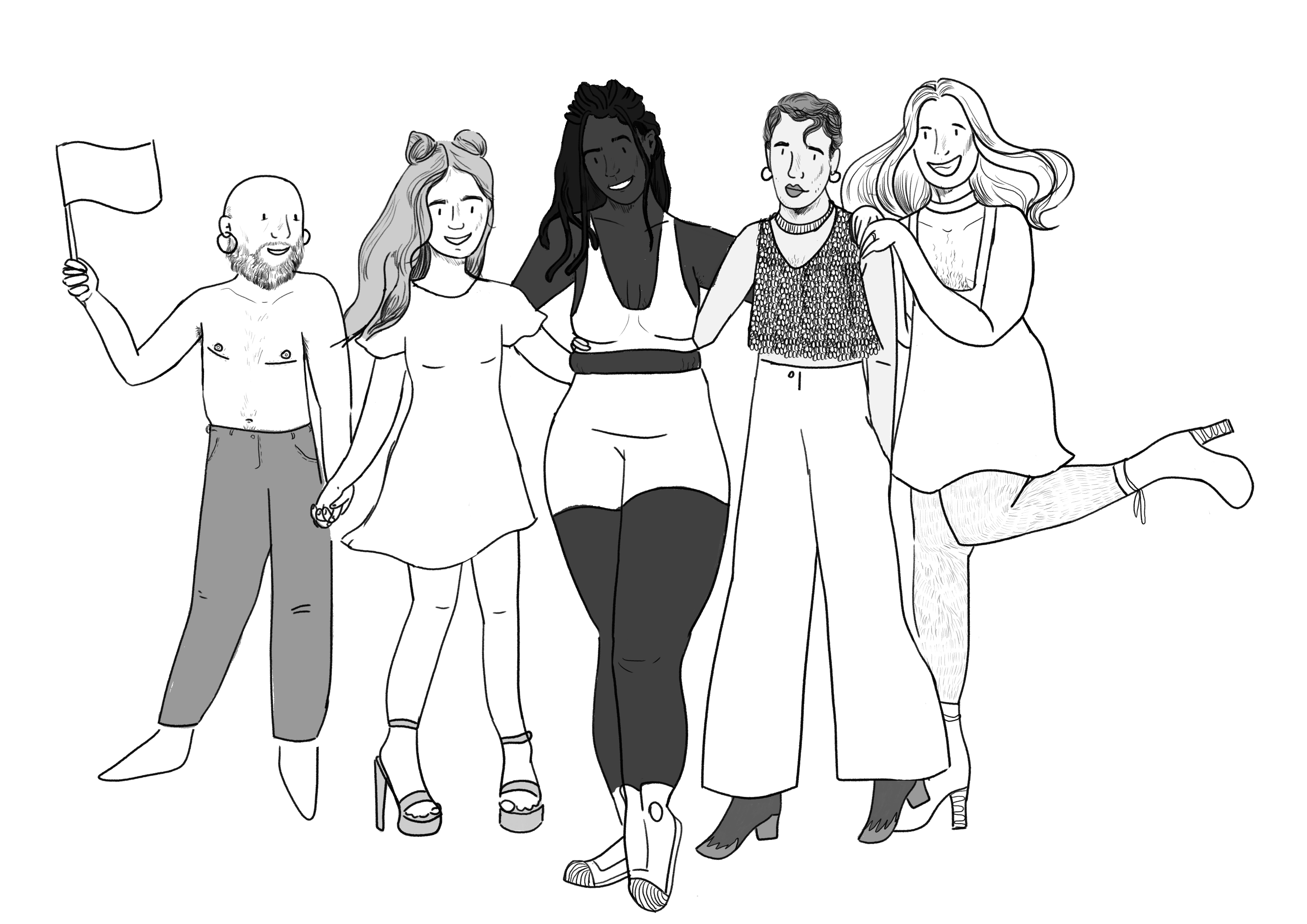 Illustratie:een groep vrolijke en blije personen. Ze hebben elk een zeer diverse genderexpressie.